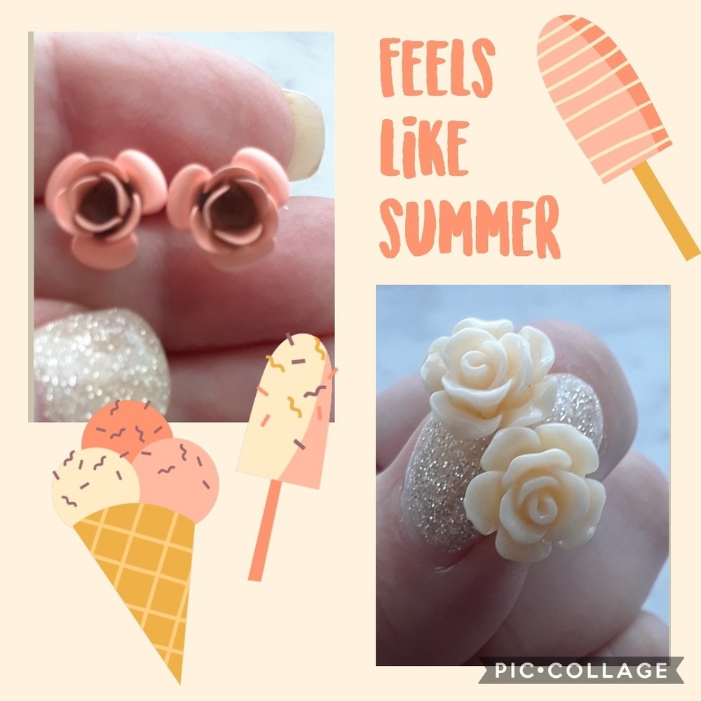 New! 2 Pair Set Darling Rose Post Earrings + Gift